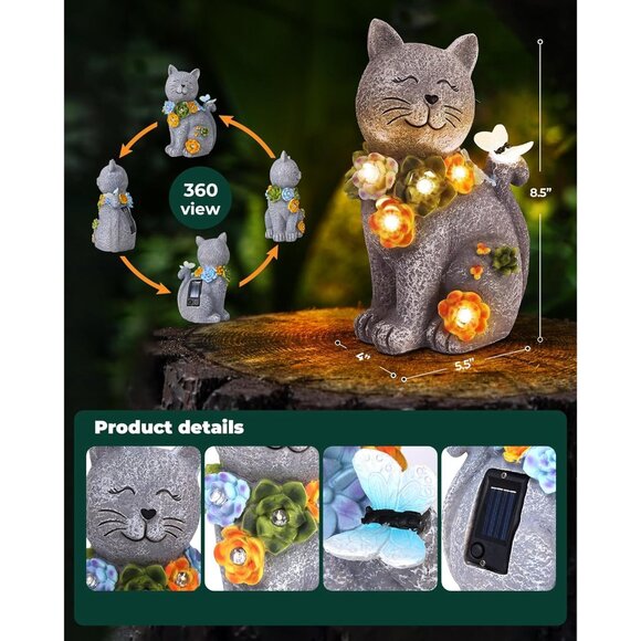 Solar Garden Statues Outdoor Decor, 6 LED Cat Flowers Butterfly Figurine Lights, - Picture 4 of 7